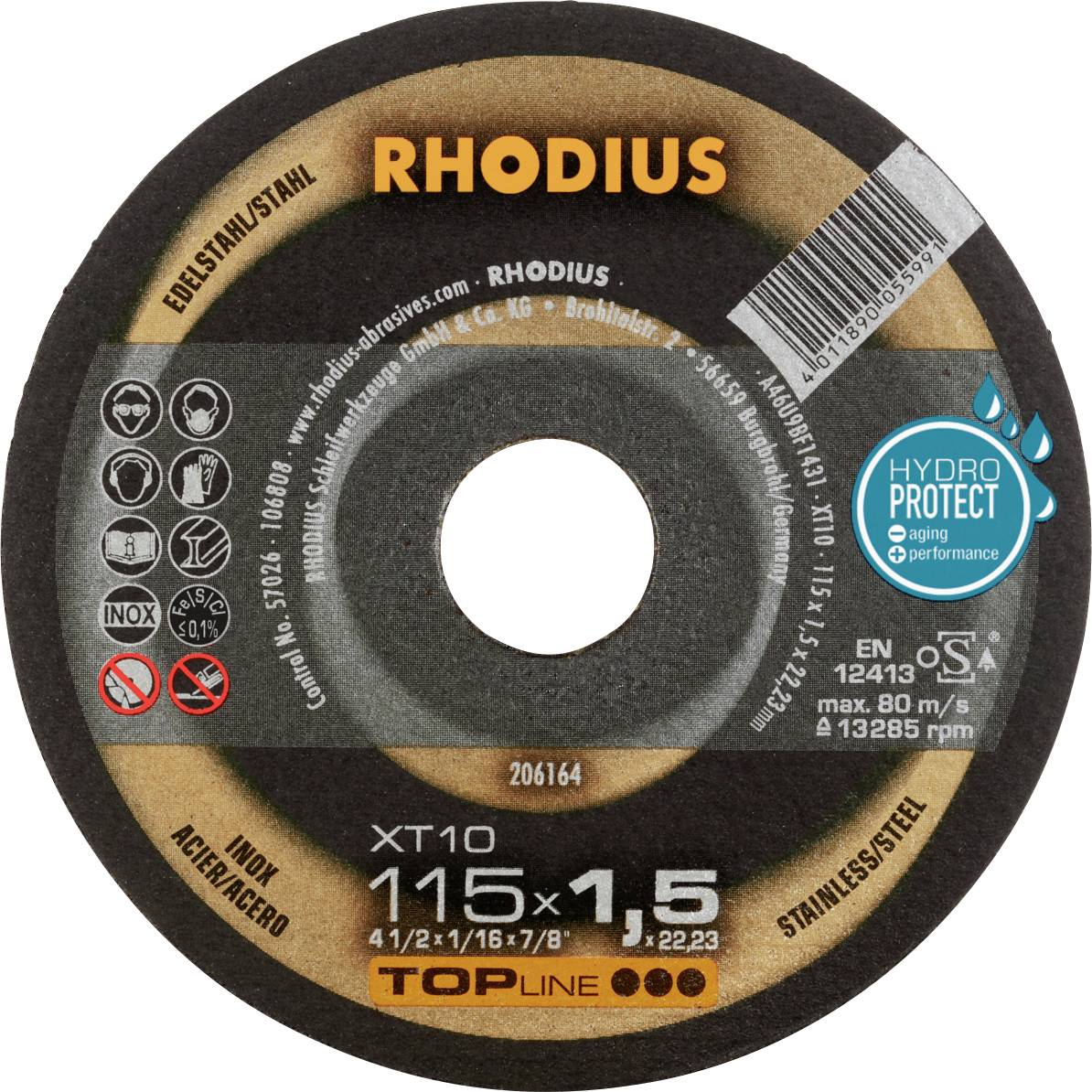 Brúsny kotúč, značka Rhodius, na nehrdzavejúcu oceľ. Priemer 115 mm, hrúbka 1,5 mm, s logom HydroProtect a technickými špecifikáciami.