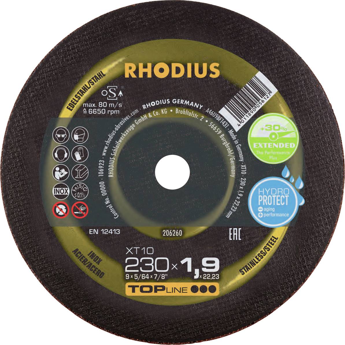 Rezná kotúč 'Rhodius Trennscheibe XT10', priemer 230 mm, hrúbka 1,9 mm. Vhodný pre nehrdzavejúcu oceľ a oceľ. 'HydroProtect' úspora energie.