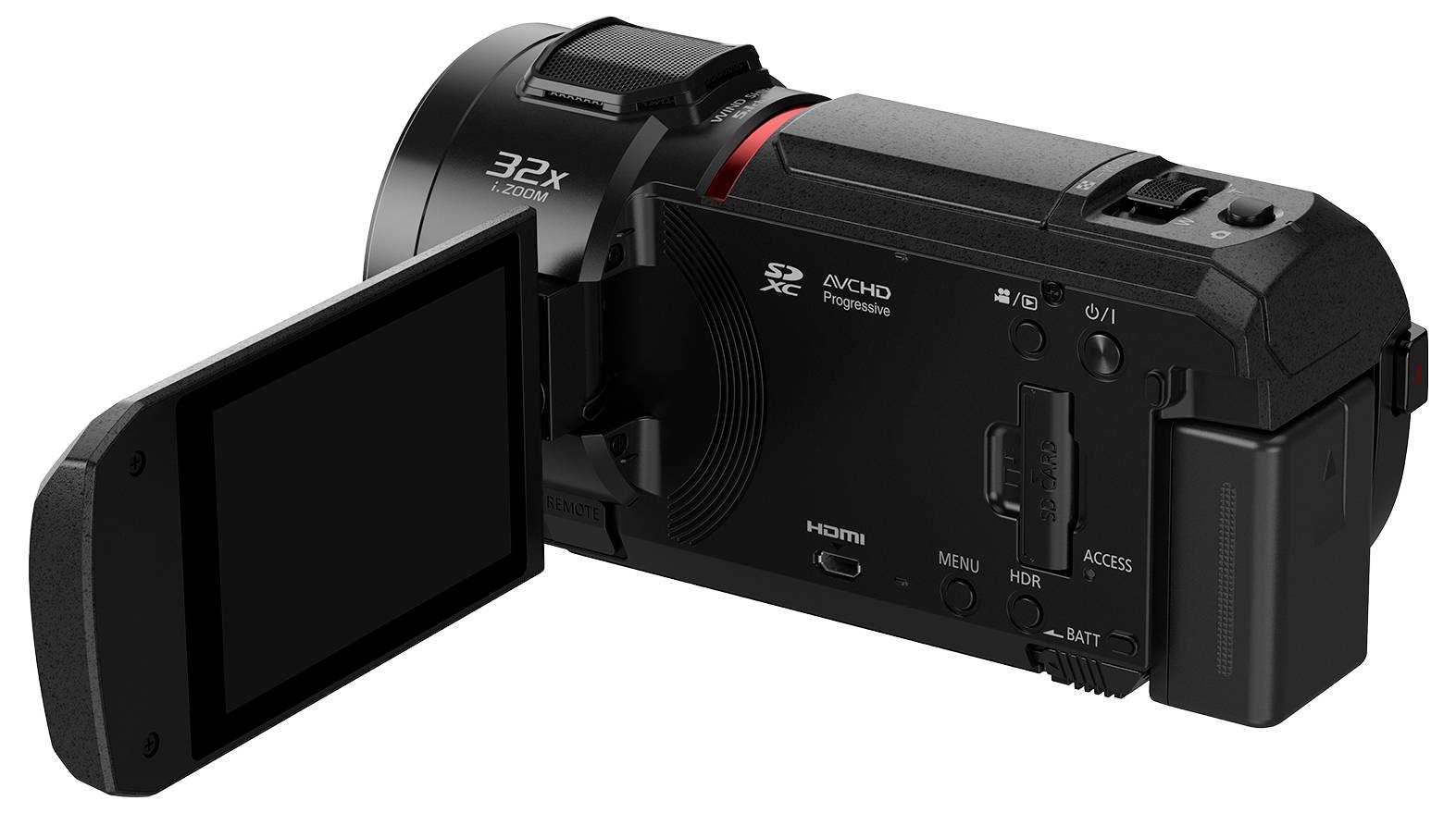 Čierna videokamera s vyklopiteľným displejom, 32-násobným zoomom a HDMI portom.