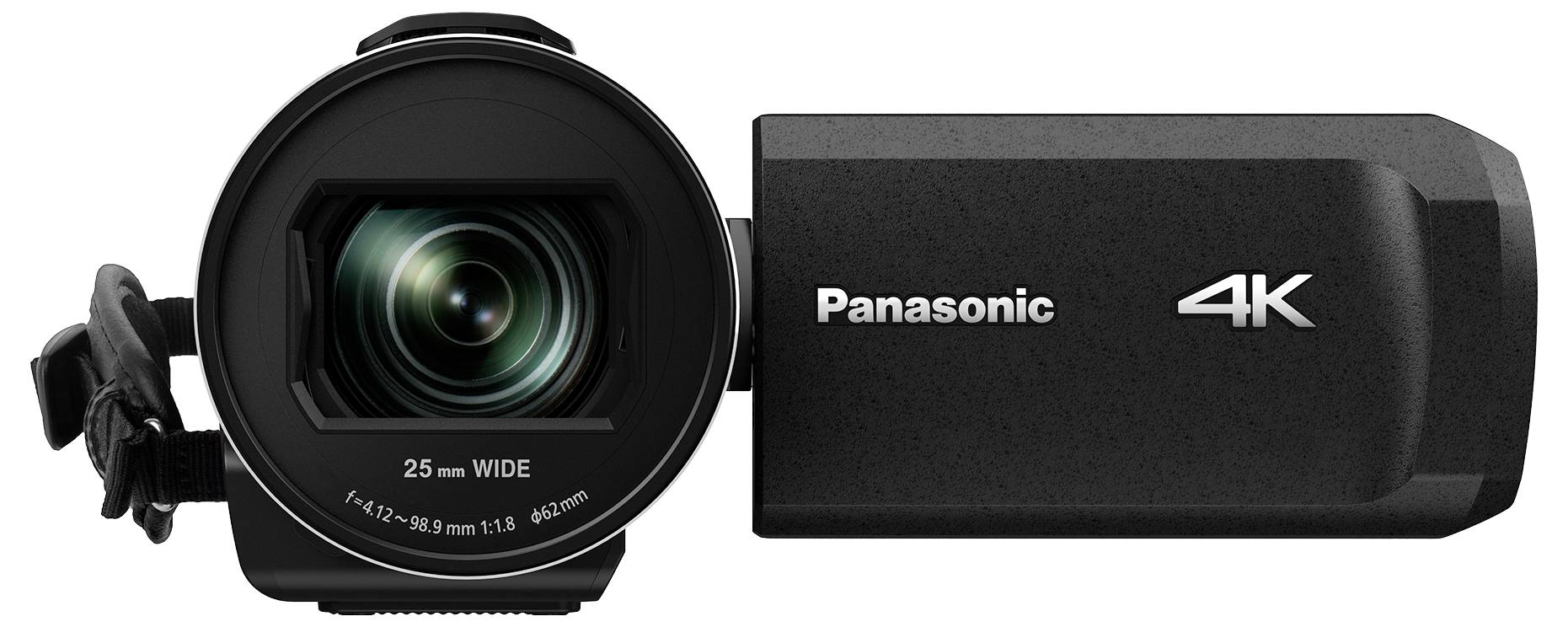 Čierna videokamera Panasonic 4K s otvoreným krytom objektívu, model má širokouhlovú šošovku.