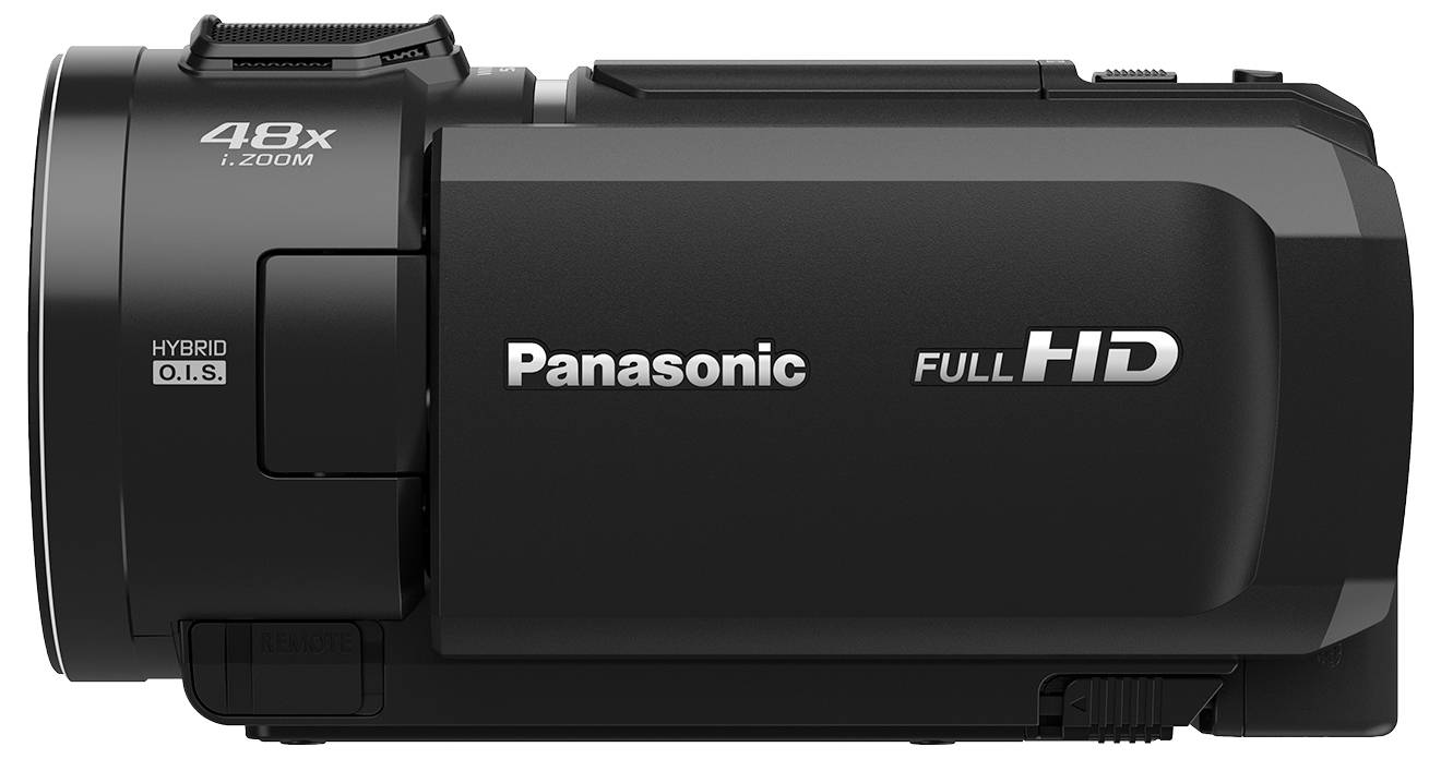 Čierna Panasonic Full HD videokamera so 48-násobným zoomom a Hybrid O.I.S. na strane, pohľad z boku.