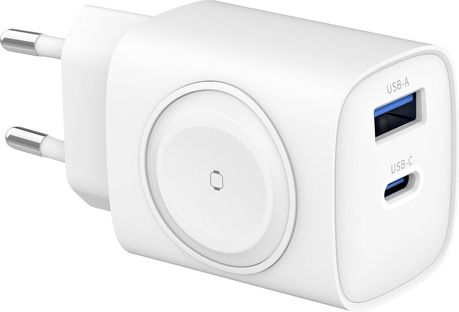 Biela nabíjačka s dvoma portami: USB-A a USB-C. Navrhnutá pre európske zásuvky.