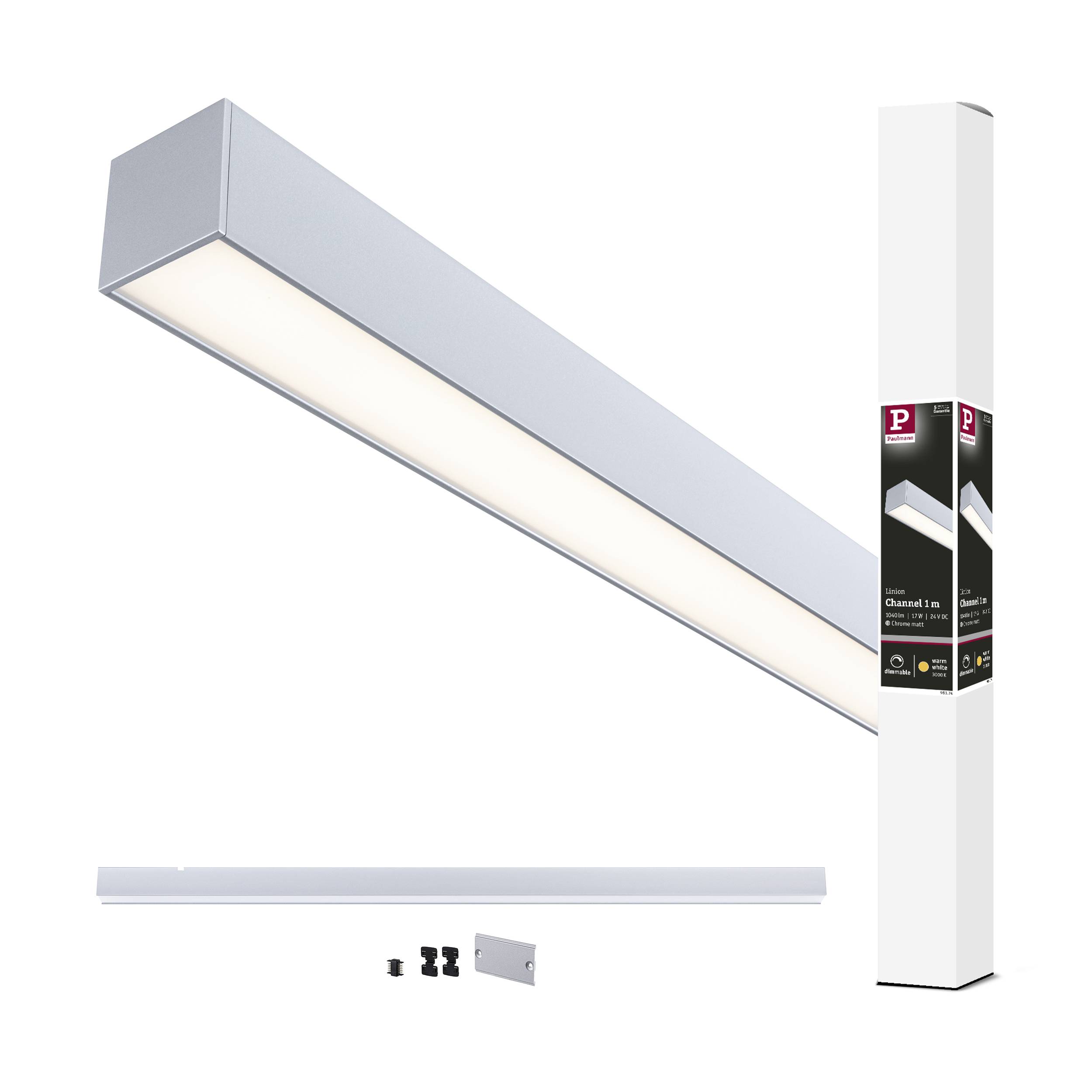 Závesné LED svietidlo v modernom, obdĺžnikovom dizajne vrátane príslušenstva a balenia; vhodné do kancelárskych a obytných priestorov.