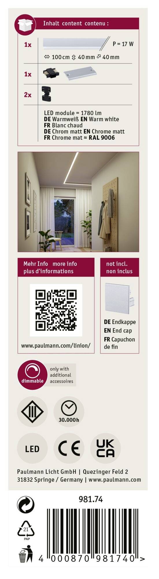 Produktový štítok zobrazuje technické detaily LED svietidla: rozmery, výkon (17 W) a farebnú teplotu. Obsahuje symboly a informácie o výrobcovi.