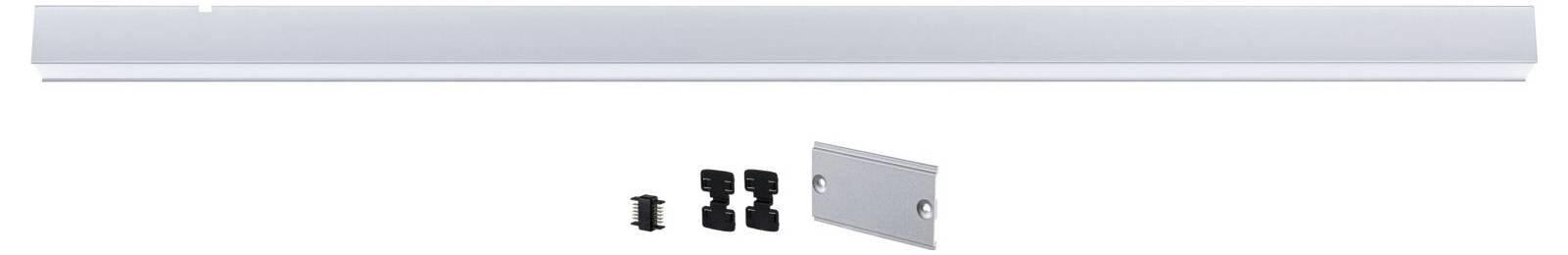 Kovová lišta s dvoma skrutkovými otvormi, troma čiernymi plastovými klipsami a obdĺžnikovým montážnym príslušenstvom.