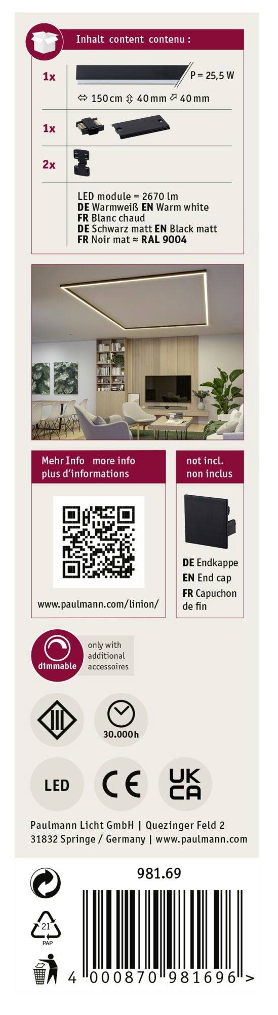 Obsah: 1x LED modul 25W, 2x skrutky, 1x baldachýn. Rozmery: 150x40x40 cm. Obrázok: obývačka so stropným svietidlom. Pre viac informácií: pelman.com/Edition.