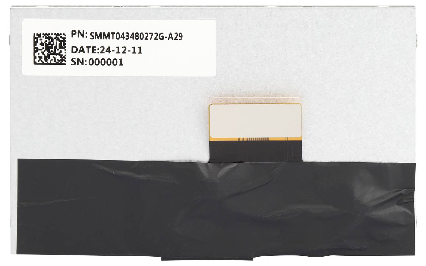 Obdĺžniková elektronická súčiastka s čiarovým kódom a nápisom 'PN: SMMT043480272G-A29, DATE: 24-12-11, SN: 000001'.