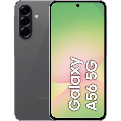 Samsung Galaxy A56 5G smartfón so štyrmi fotoaparátmi na zadnej strane a displejom s farebným pozadím a nápisom 'Galaxy A56 5G'.