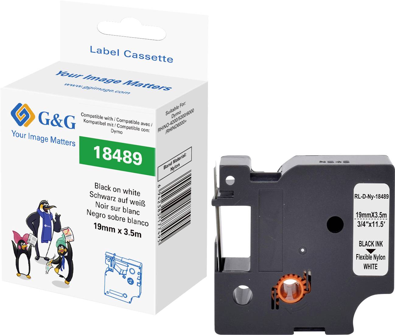 G&G Skriftbånd Polyamid Båndfarve: Hvid Skriftfarve: Sort 19 mm 3.5 m