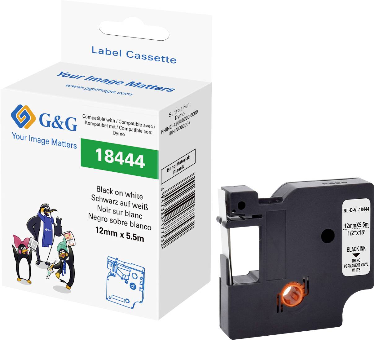 G&G Skriftbånd Vinyl Båndfarve: Hvid Skriftfarve: Sort 12 mm 5.5 m