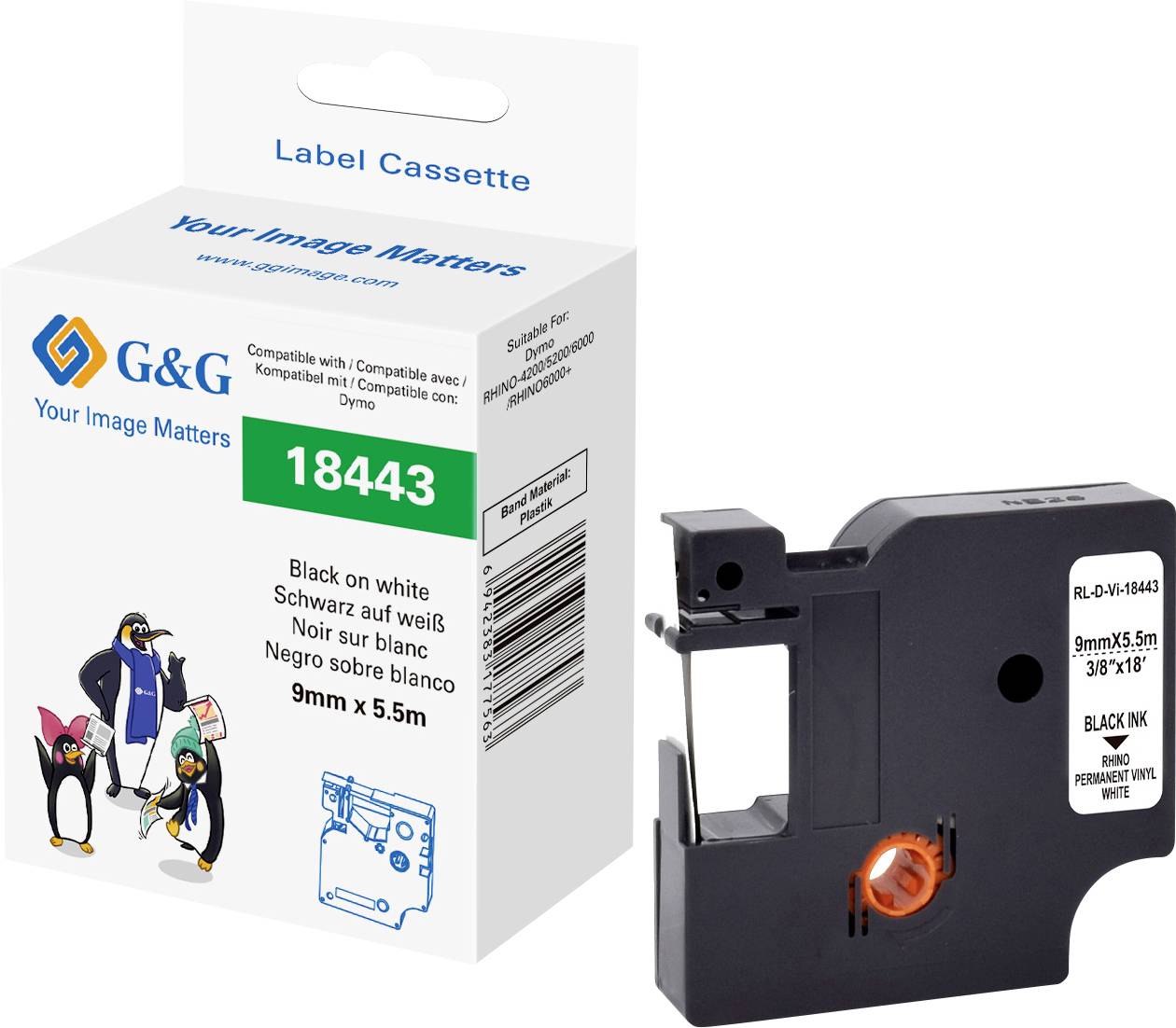 G&G Skriftbånd Vinyl Båndfarve: Hvid Skriftfarve: Sort 9 mm 5.5 m