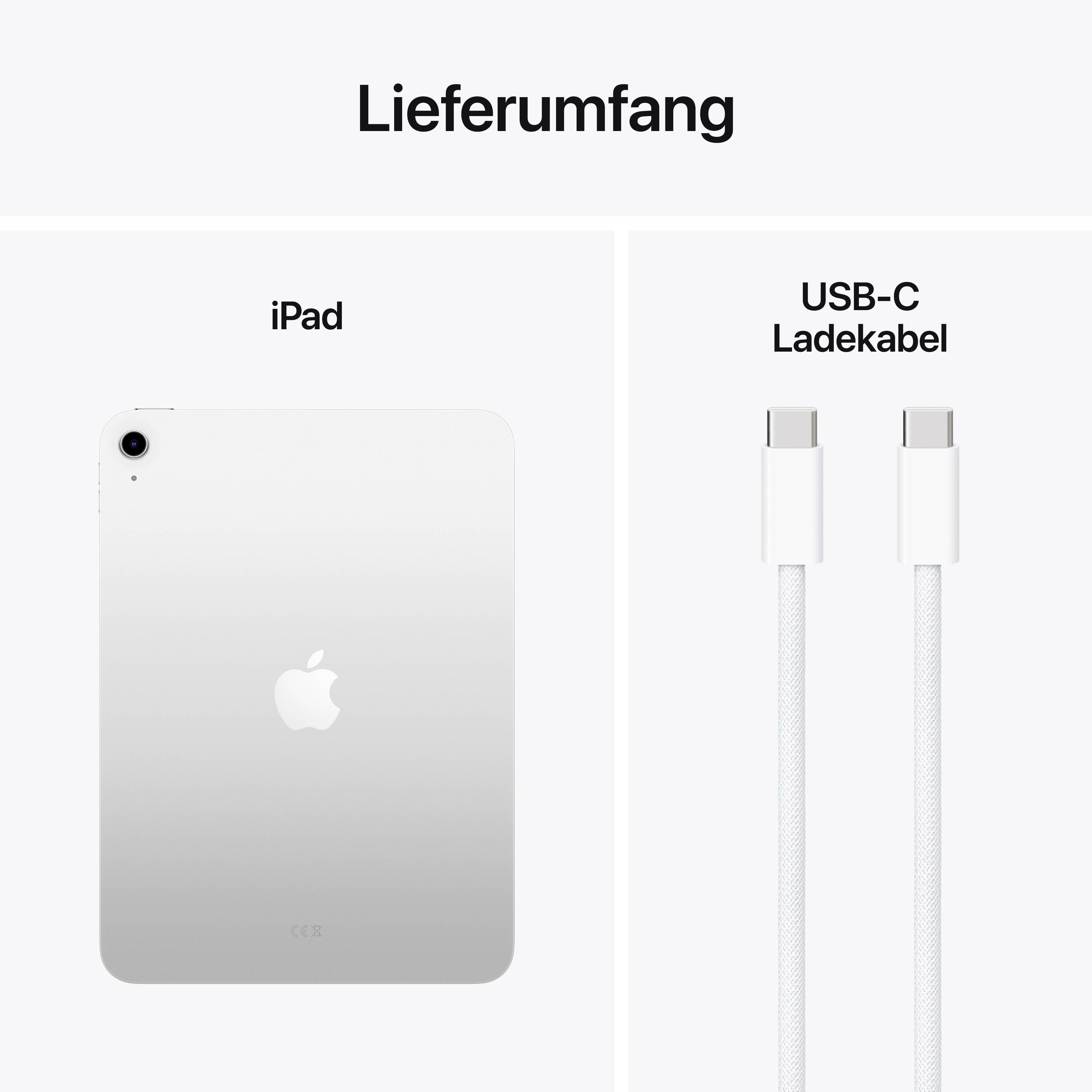 Obsah balenia Apple iPadu: jedno iPad zobrazené vľavo, vedľa neho napravo zobrazený nabíjací kábel USB-C.