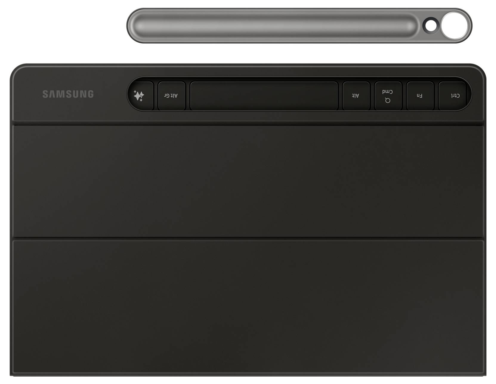 Čierna klávesnicová klávesnica pre tablet Samsung s radou funkčných kláves hore. Hore leží strieborné pero.