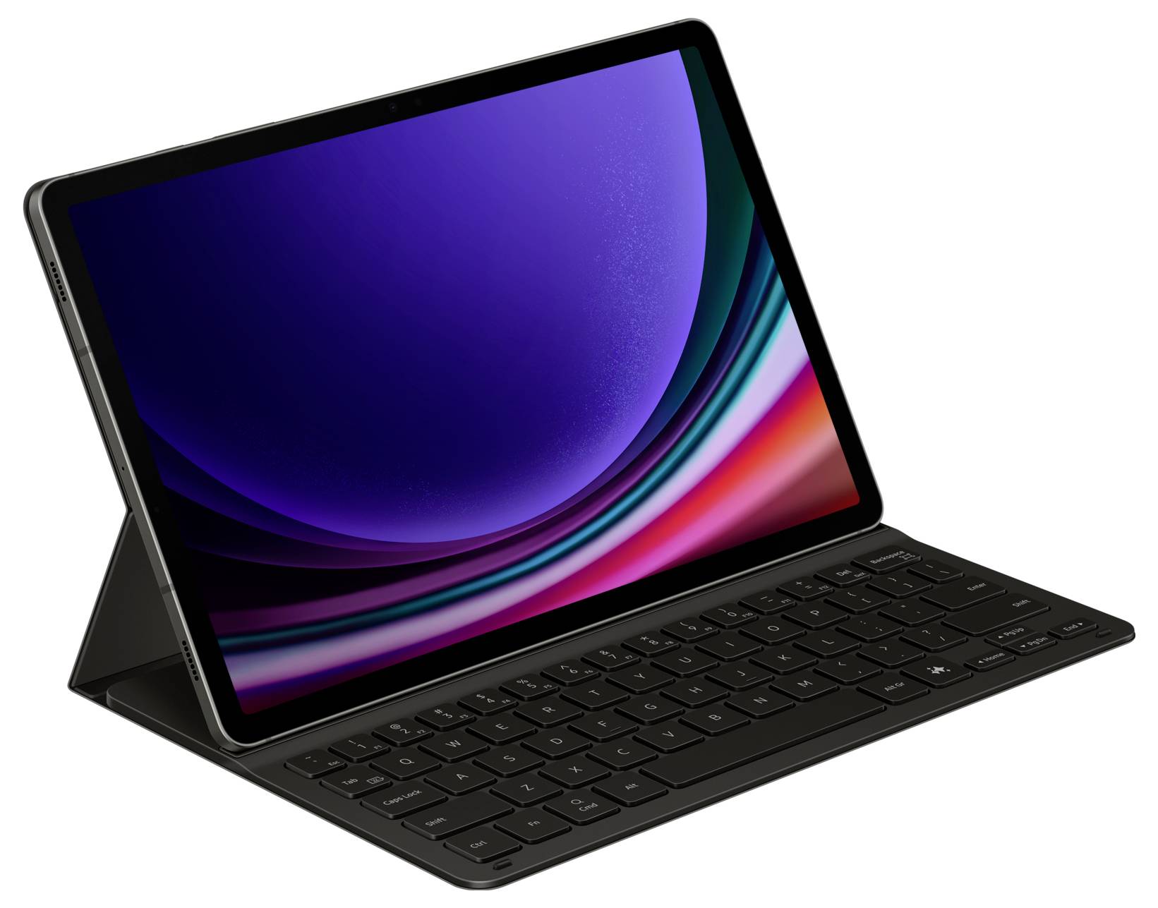 Tablet s odnímateľnou klávesnicou, obrazovka zobrazuje abstraktný farebný dizajn. Ideálne zariadenie pre prácu aj zábavu počas cestovania.