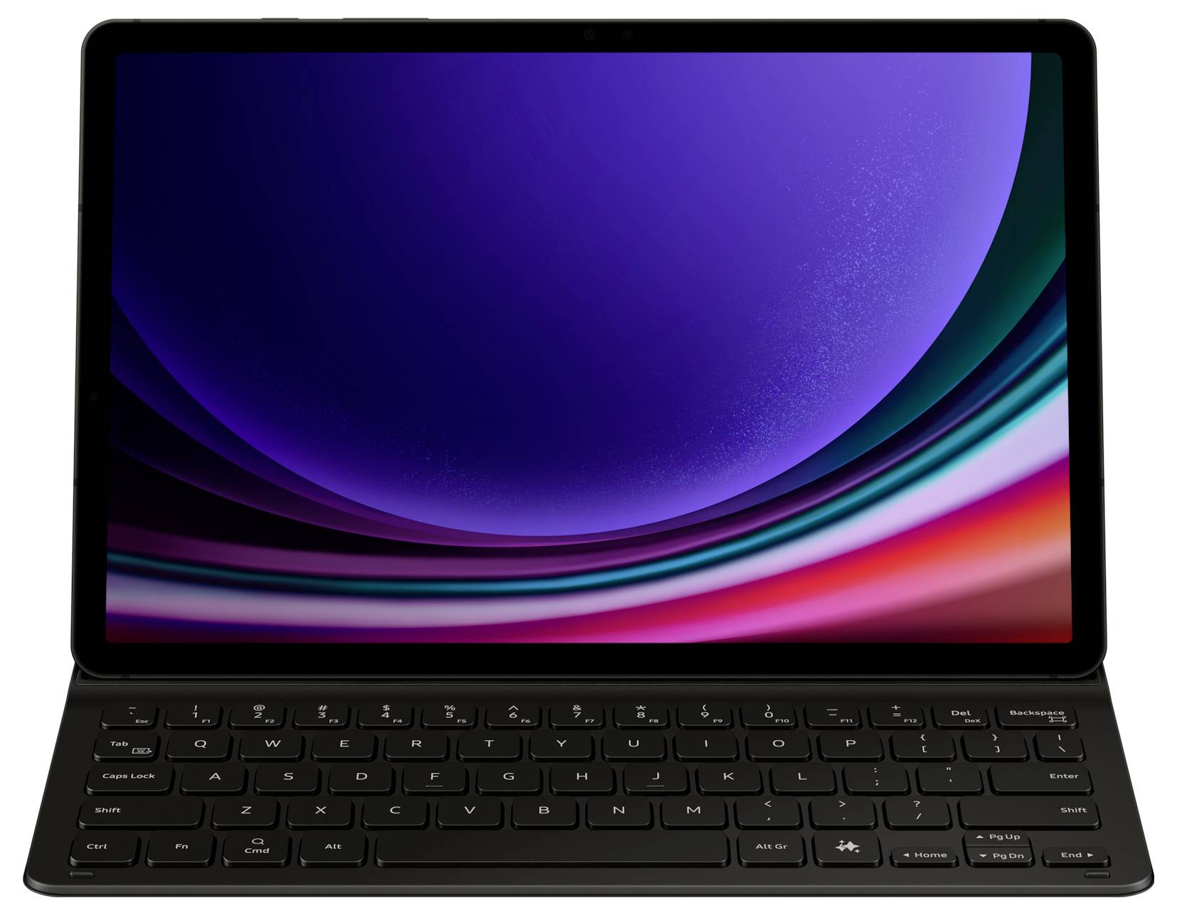 Tablet s pripojenou klávesnicou, na obrazovke abstraktné fialové a ružové vlnité vzory.