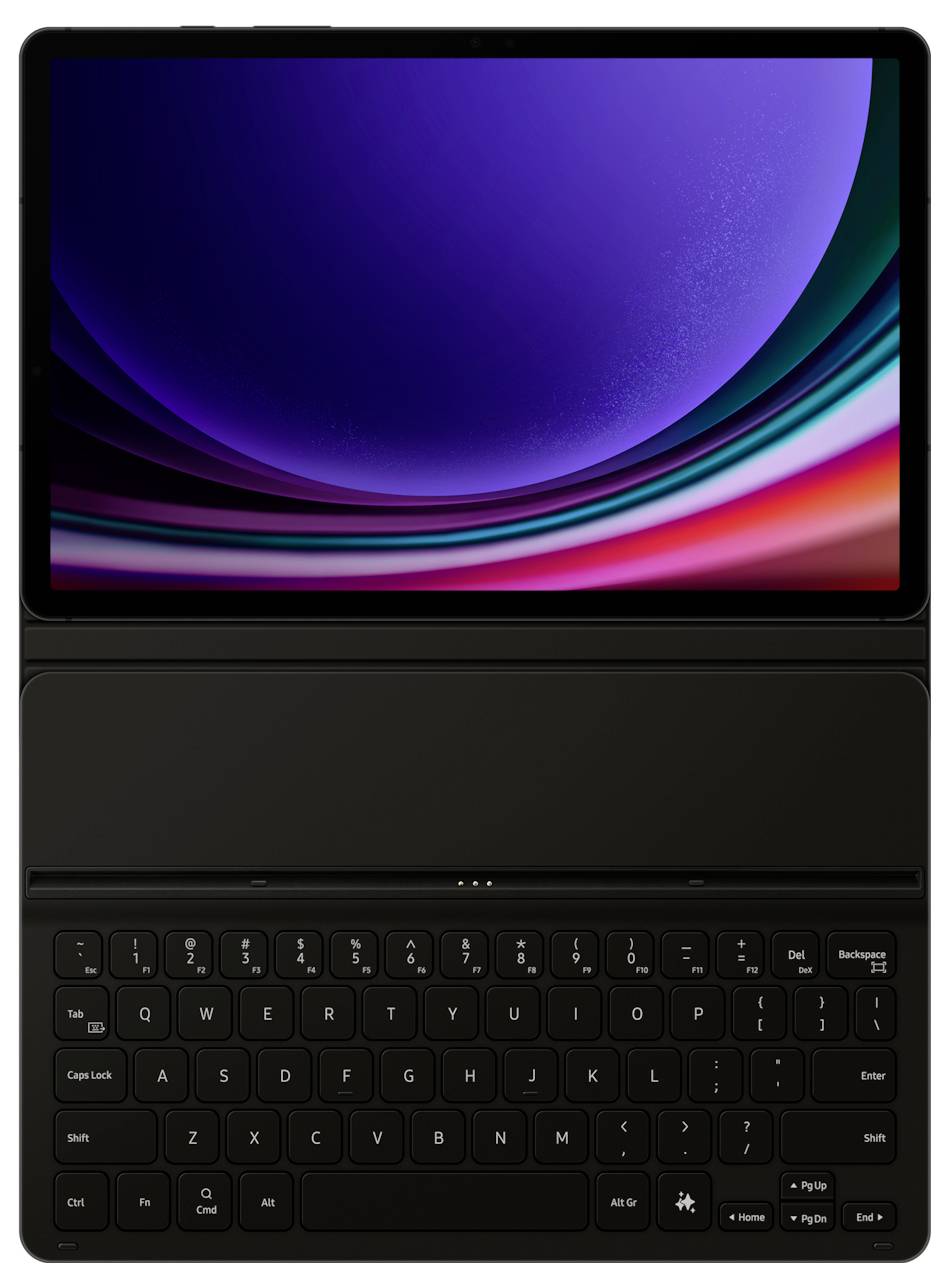 Tablet s klávesnicou v móde laptopového počítača, zobrazuje fialovo-modré displej s farebným prechodom, bez viditeľných aplikácií alebo ikon.