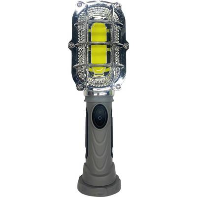 Ručná lampa so sivým držadlom a kovovým krytom okolo svetelnej plochy. Povrch má vypínač zapnutia/vypnutia. Vhodná pre použitie v dielni.