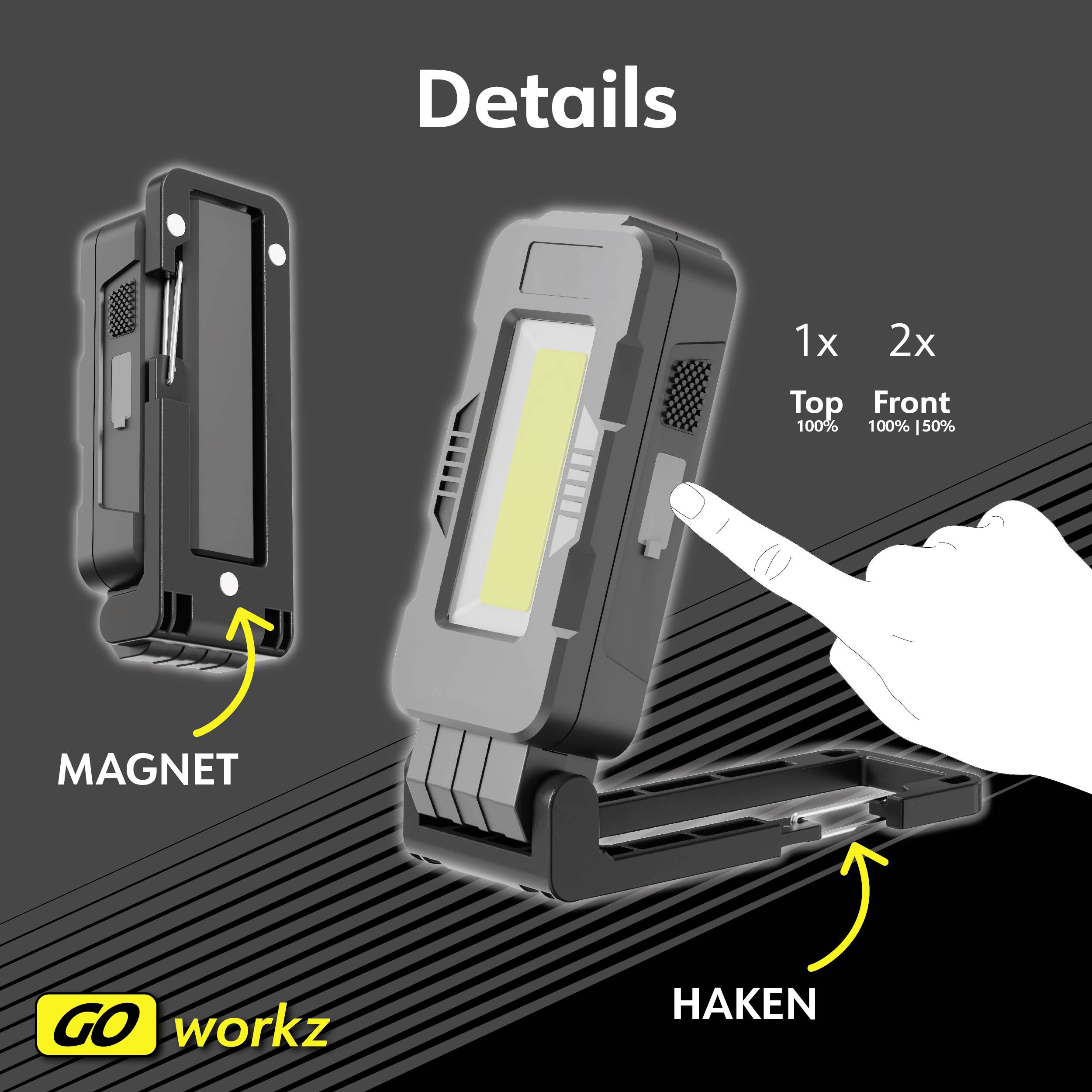 Prenosná lampa s magnetom a hákom na flexibilné upevnenie. Ponúka dva svetelné módy: horné a predné svetlo s rôznymi úrovňami jasu.