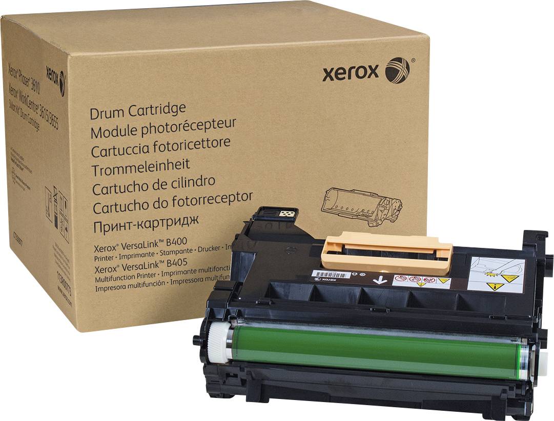 Bubnová kazeta Xerox a balenie. Kazeta je čierna so zeleným valcom, vhodná pre tlačiarne Xerox VersaLink B400/B405.