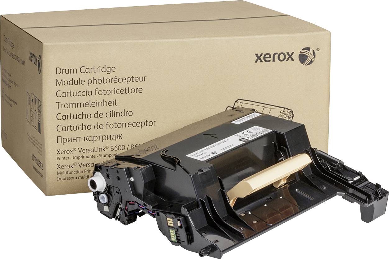 Tonerová kazeta pre tlačiarne Xerox VersaLink B600/B610, čierna kazeta s obalom v pozadí.