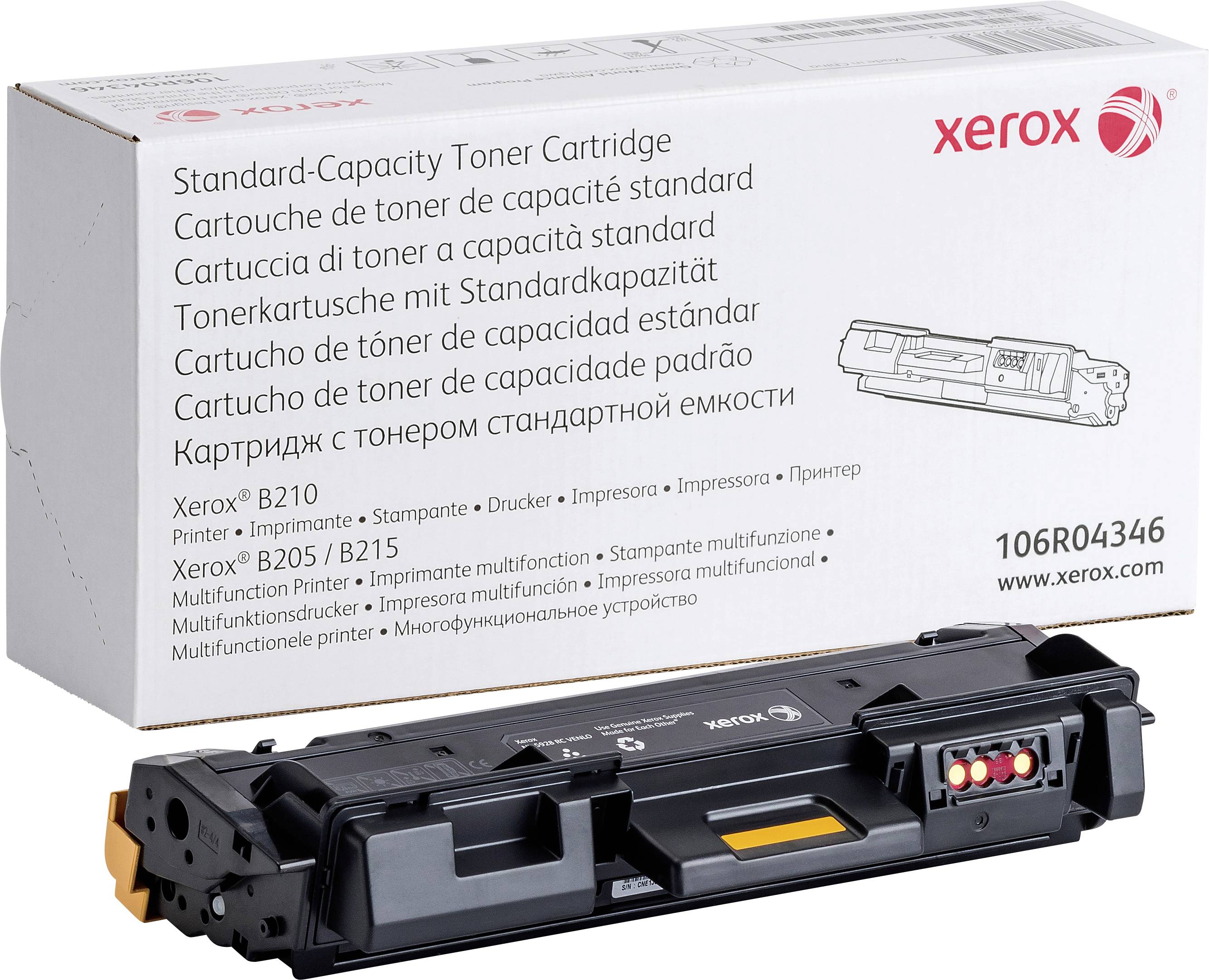Štandardná tonerová kazeta pre tlačiarne Xerox, model B210/B205/B215. Balenie zobrazuje charakteristiky produktu vo viacerých jazykoch.
