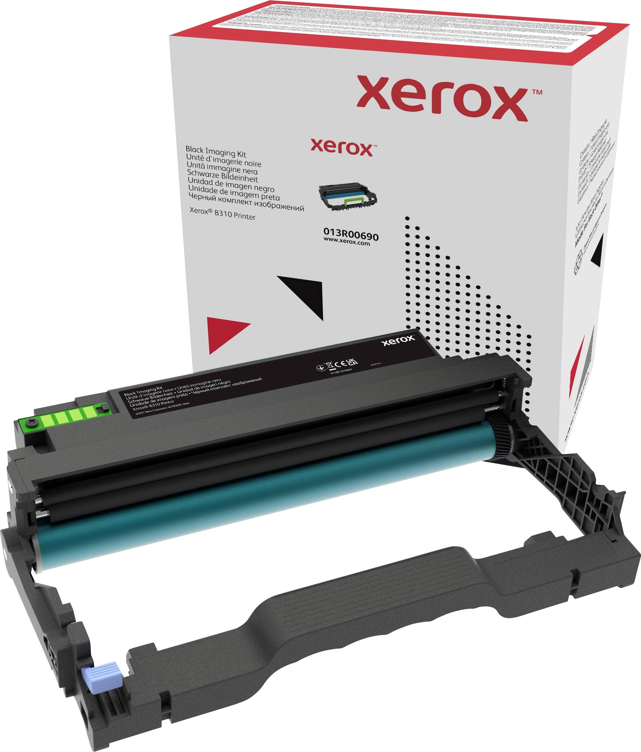 Čierna tonerová jednotka a balenie náhradnej kazety Xerox. Kompatibilná s tlačiarňou Xerox B310. Číslo produktu: 013R00690.