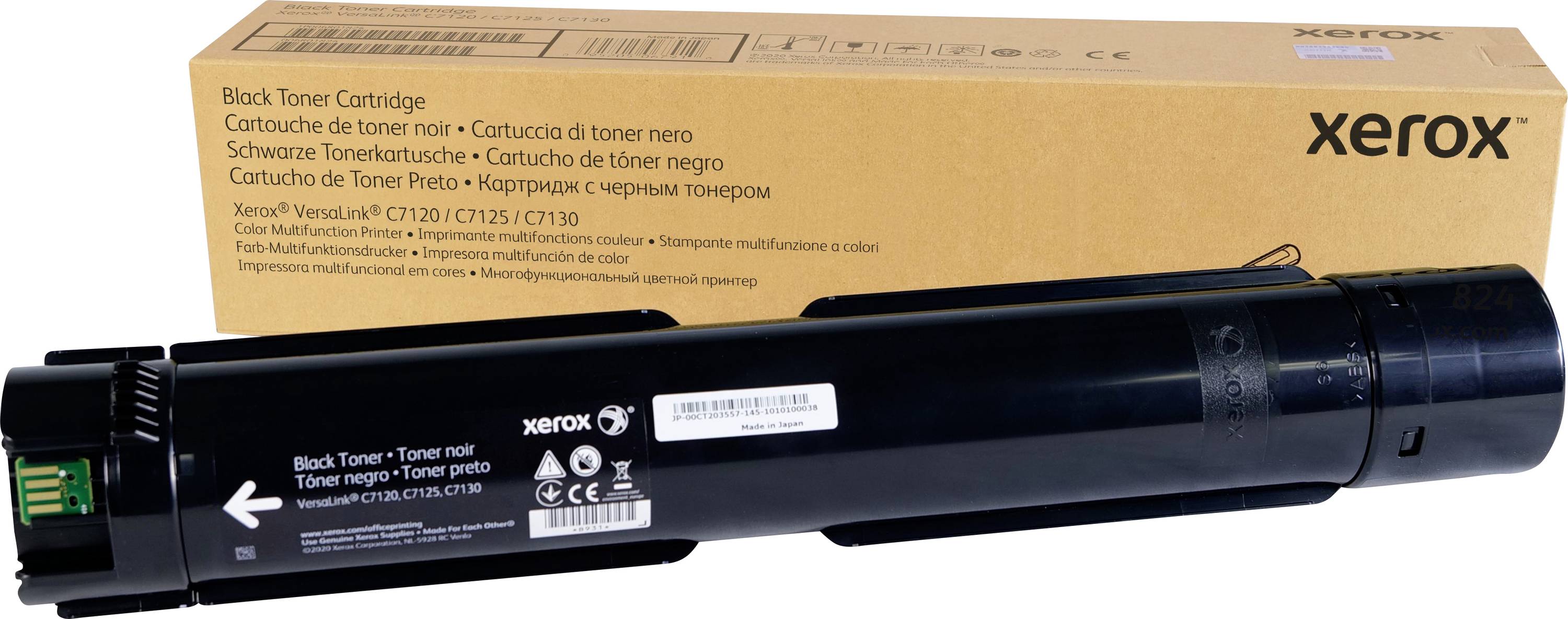 Čierna tonerová kazeta značky Xerox pred originálnym obalom. Kompatibilita modelu: VersaLink C7130/C7120/C7125.