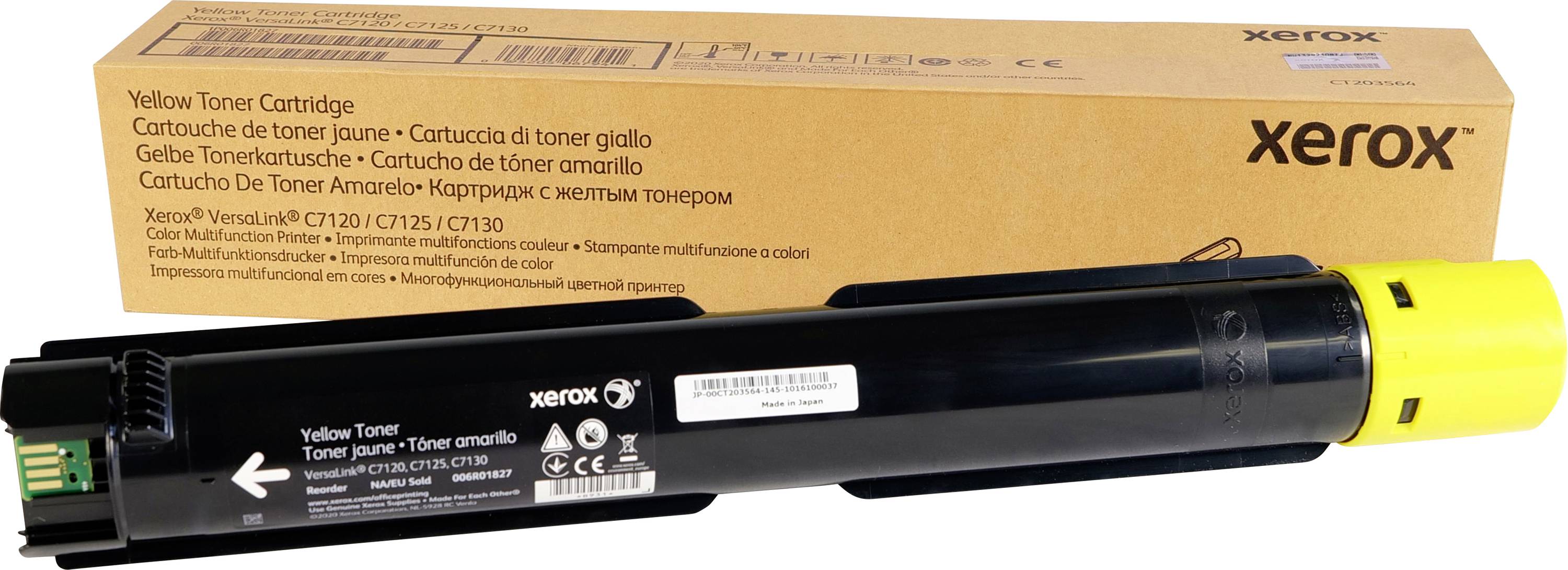 Žltá tonerová kazeta od Xeroxu, model VersaLink C7130/C7125. Balenie a produkt viditeľné, kompatibilné s multifunkčnou tlačiarňou.
