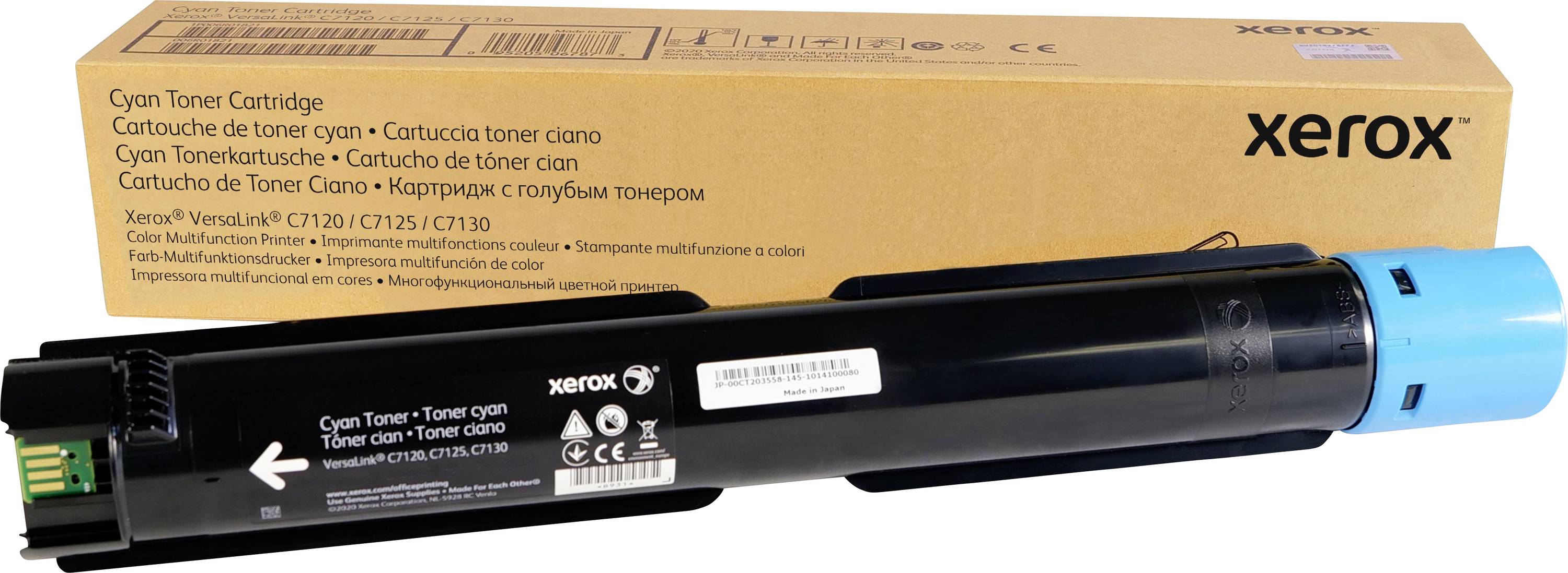 Azúrová tonerová kazeta pre tlačiarne Xerox s obalom v pozadí. Na kazete sú uvedené špecifikácie a kompatibilita.
