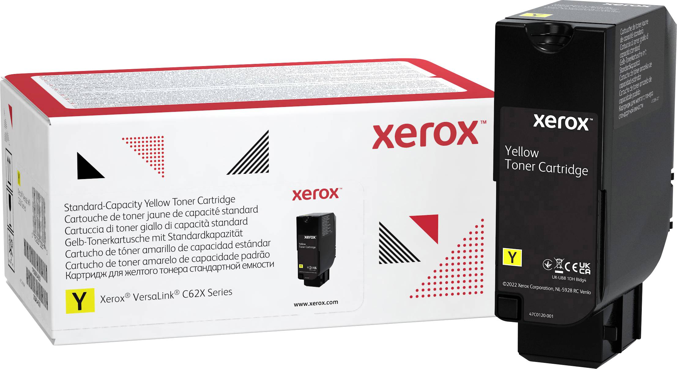 Žltá tonerová kazeta Xerox VersaLink C62X, vhodná pre série C620/C625. Balenie a kazeta s produktovými informáciami.