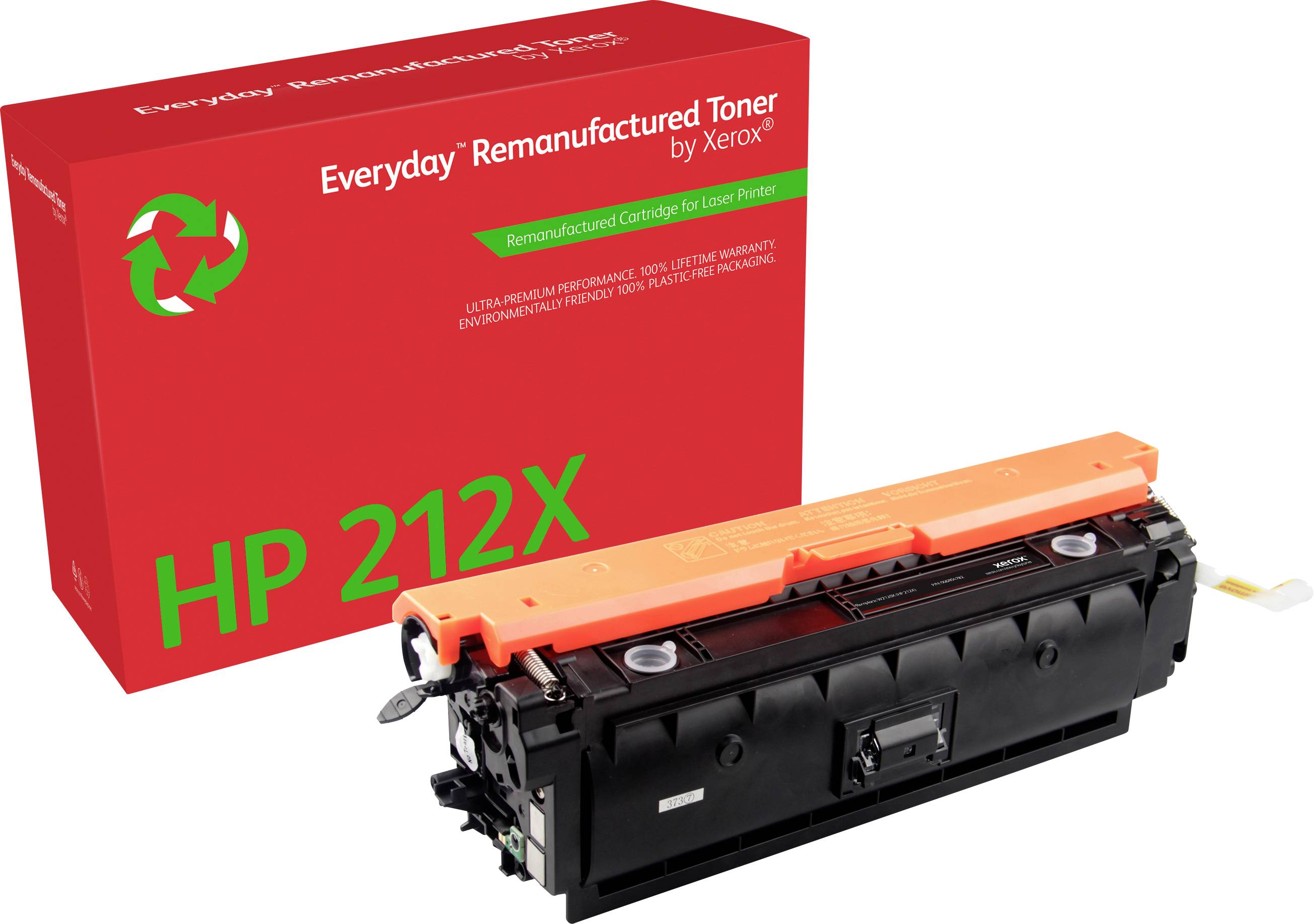 Obnovená tonerová kazeta od Xeroxu, model HP 212X, pred červeným obalom so symbolom recyklácie.