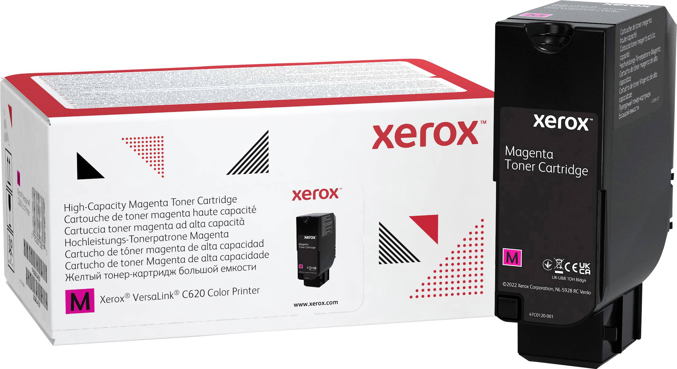 Purpurová tonerová kazeta Xerox pre farebné tlačiarne VersaLink C600. Balenie v čiernom kartónovom obale, označené ako vysokokapacitné.