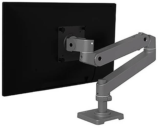 Čierny monitor, zobrazený zozadu, je pripevnený na nastaviteľnom sivom monitorstojanе, ktorý je namontovaný na stole.