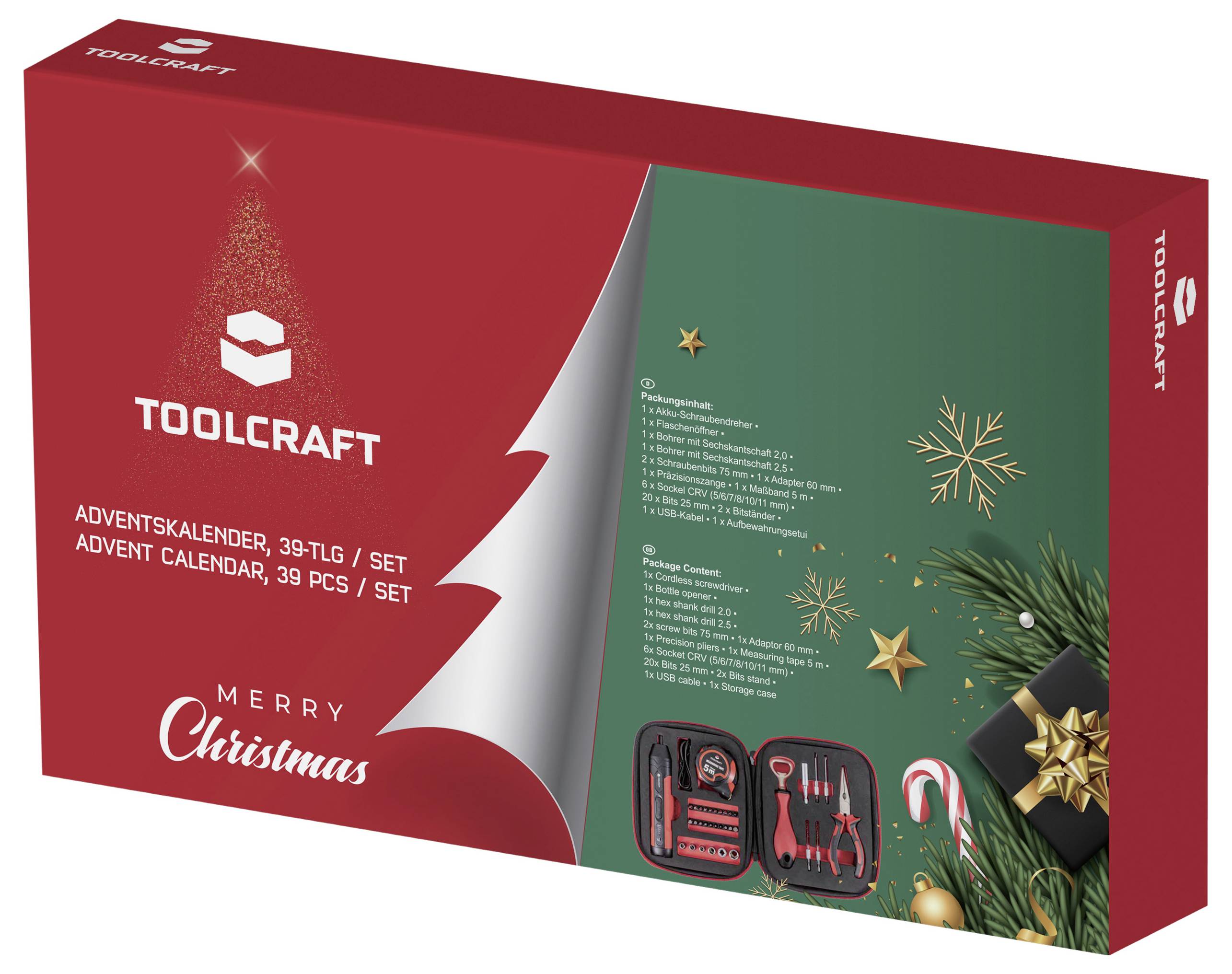 Adventný kalendár Toolcraft, 39-dielna súprava náradia. Vianočný dizajn so snehovými vločkami a vianočnými ozdobami.