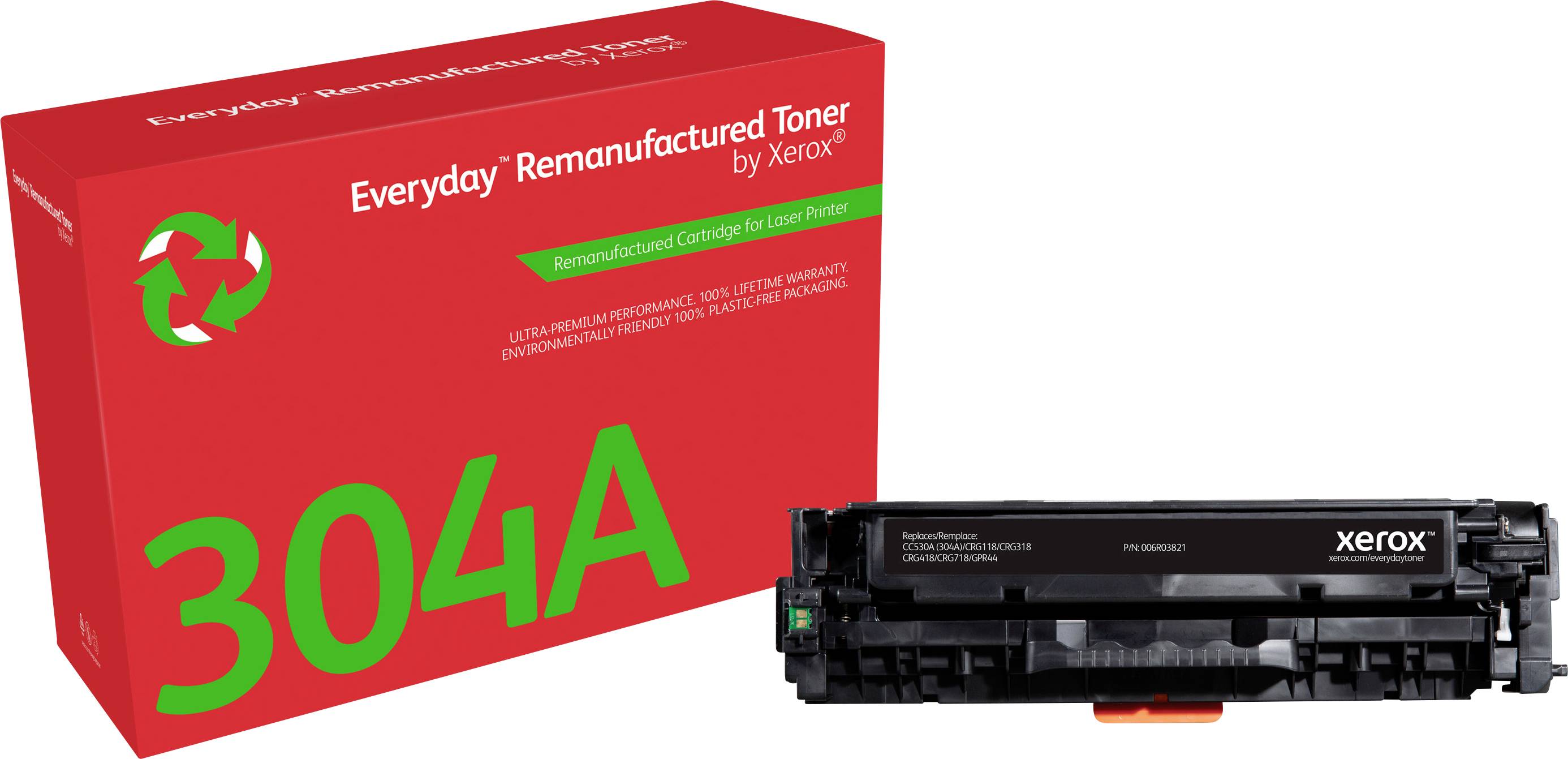 Kartónový obal s červeným nápisom 'Everyday Remanufactured Toner by Xerox' a zeleným symbolom recyklácie, vedľa tonerové kazety.