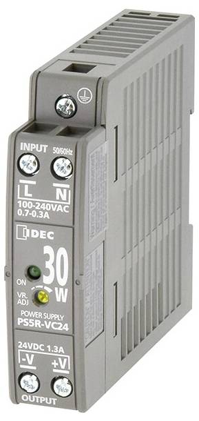 30-wattový sieťový napájací zdroj od IDEC so vstupným rozsahom 100-240VAC a výstupom 24VDC, 1,3A. Upevnenie pomocou dvoch skrutiek zhora.