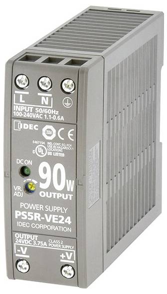 Na obrázku je napájací zdroj spoločnosti IDEC Corporation, model PS5R-VE24, s výstupným výkonom 90 W. Zobrazuje konektory a technické špecifikácie.