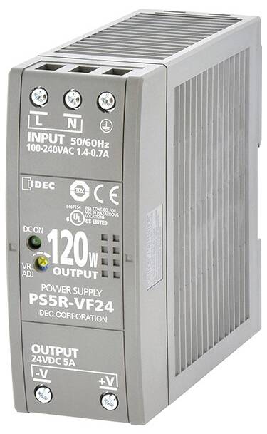 Spínaný napájací zdroj 'PS5R-VF24' od IDEC, vstup: 100-240VAC, 1.4-0.7A, 50/60Hz. Výstup: 24VDC, 5A, 120W. Šedý kryt, pripojenia hore.