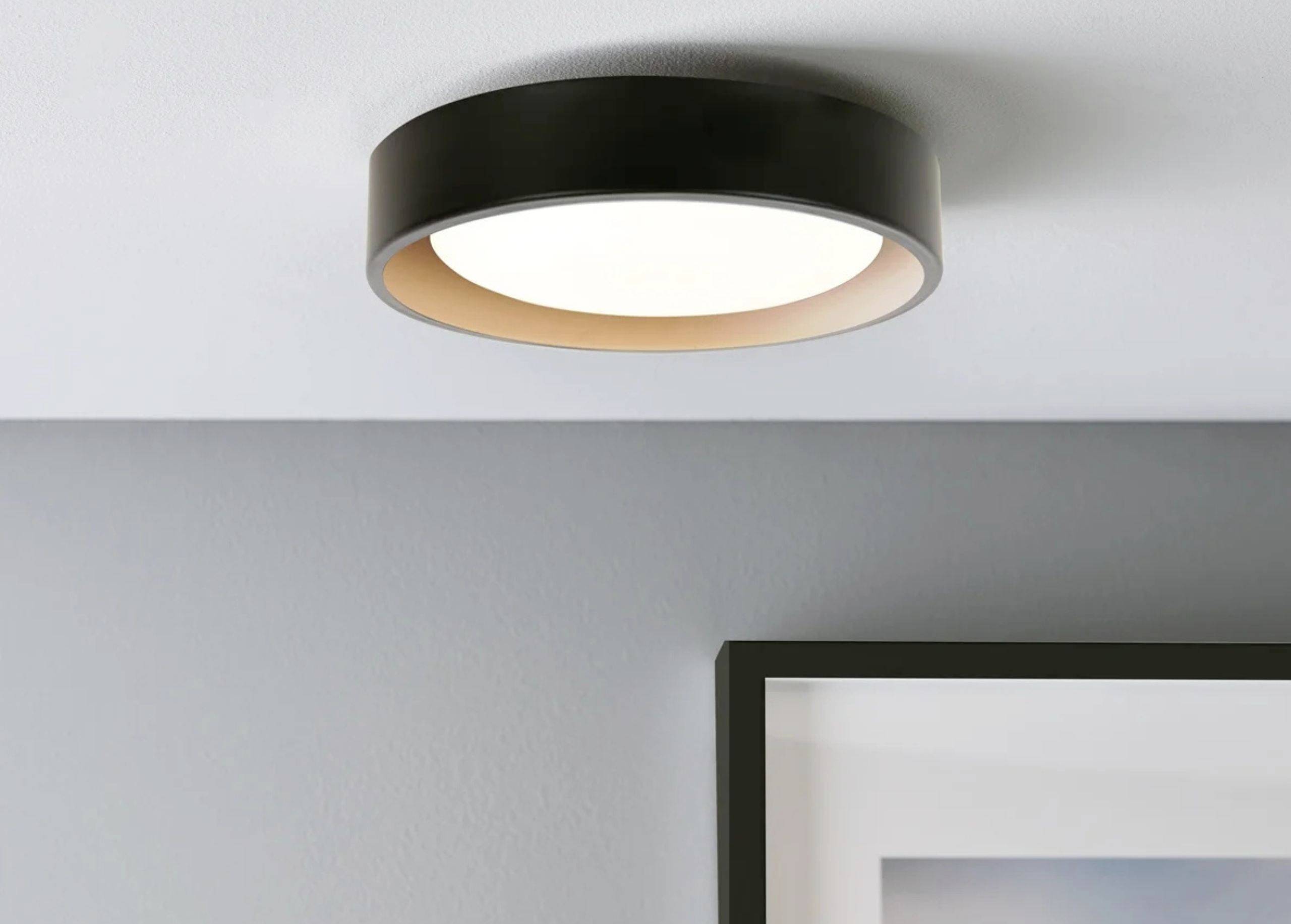 Čierne stropné svietidlo jasne svieti na sivom strope. Pod ním visí zarámovaný obraz na svetlosivej stene.