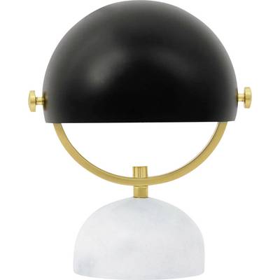 Moderná stolová lampa s polkruhovým čiernym tienidlom, zlatými prvkami a bielou polguľovitou základňou.