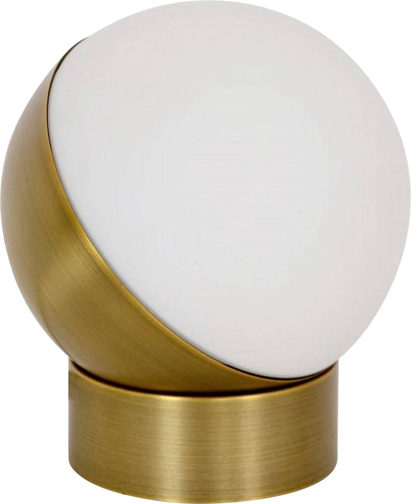 Guľovitá lampa so zlatou základňou a bielym tienidlom. Elegantná a moderná, vhodná pre štýlové obytné priestory.