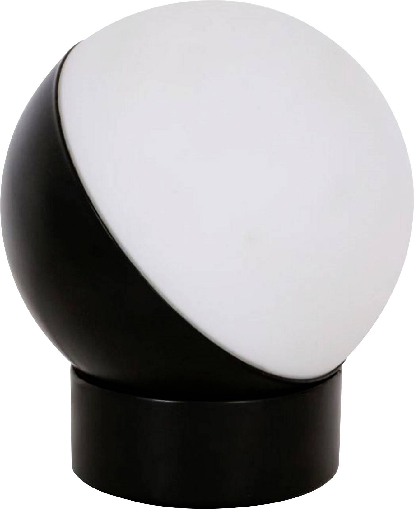 Čierna stolná lampa s guľovitým, bielym tienidlom na kruhovom podstavci, s moderným a minimalistickým dizajnom.