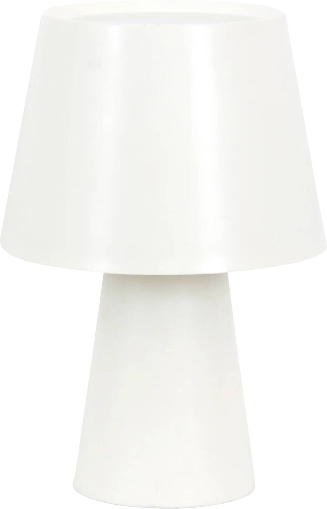 Biela stolová lampa s kónickým podstavcom a valcovitým tienidlom, navrhnutá minimalisticky a moderne.