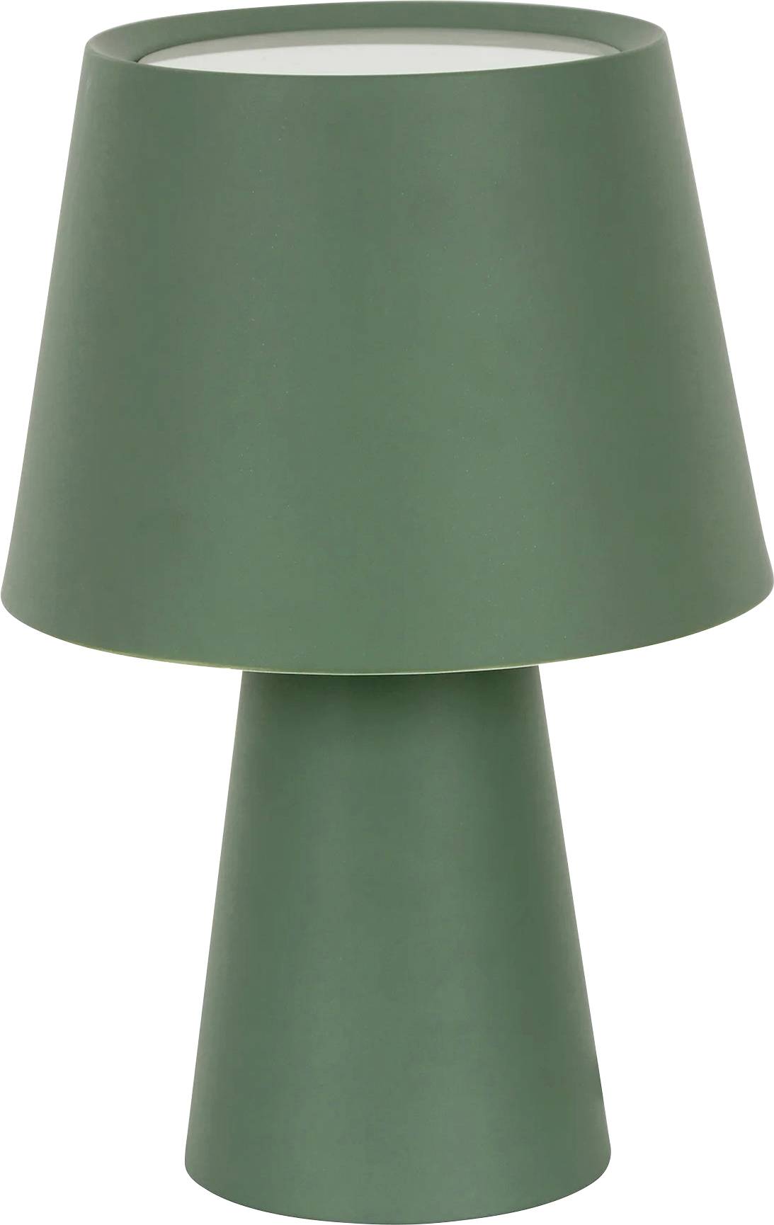 Zelená stolná lampa s kuţeľovitou podstavou a úzkym tienidlom, moderný dizajn.