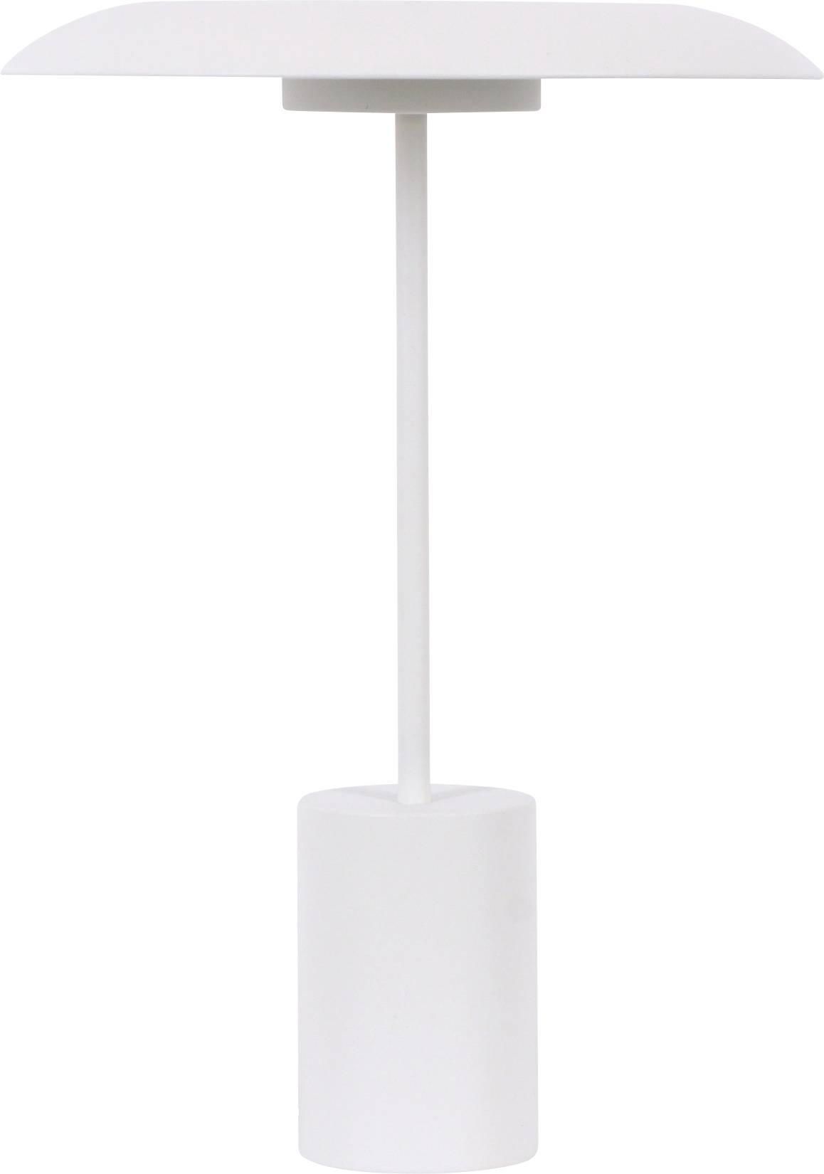 Biela stolová lampa s valcovitou základňou a plochým, širokým tienidlom.