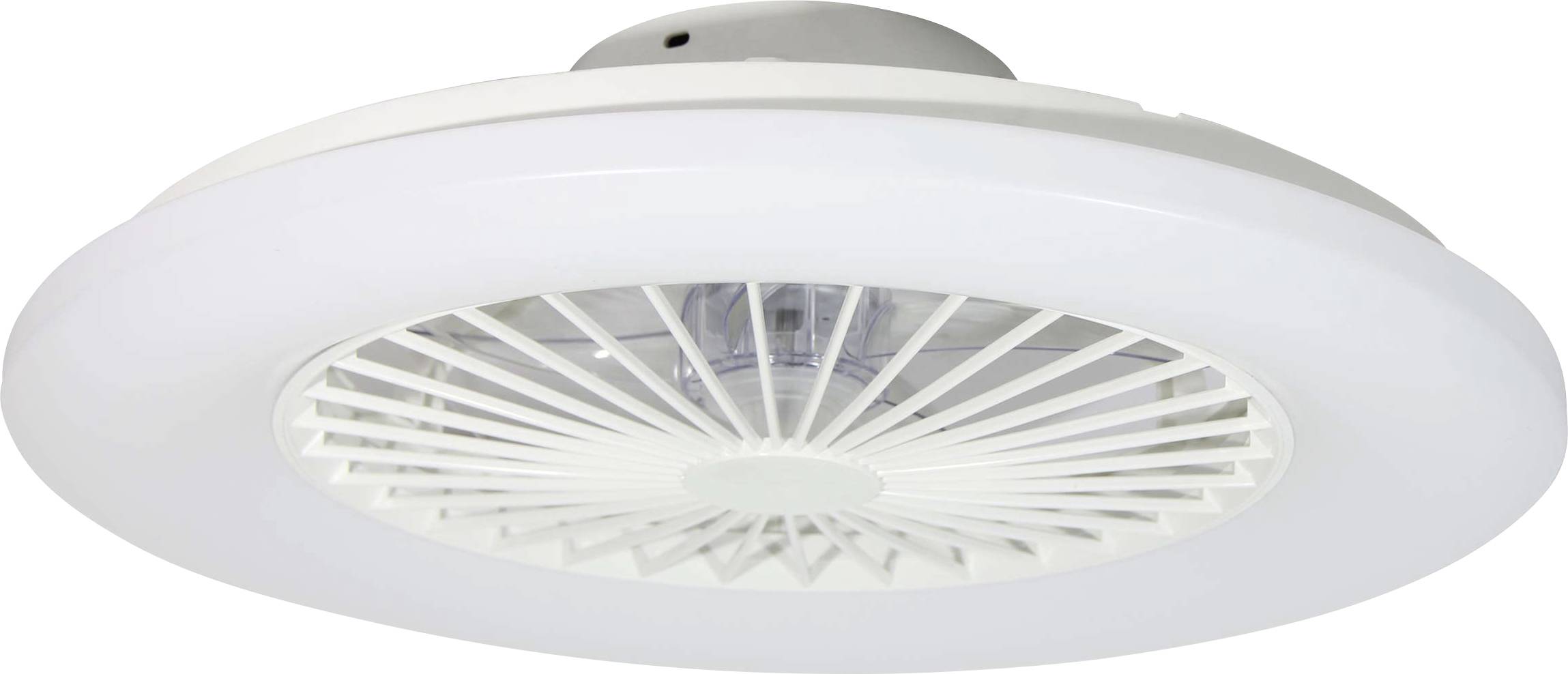 Biela stropná lampa so vstavaným ventilátorom. Lopatky ventilátora sú skryté za mriežkou a zabezpečujú cirkuláciu vzduchu.