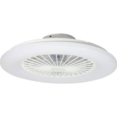 Biela stropná lampa so vstavaným ventilátorom. Lopatky ventilátora sú skryté za mriežkou a zabezpečujú cirkuláciu vzduchu.