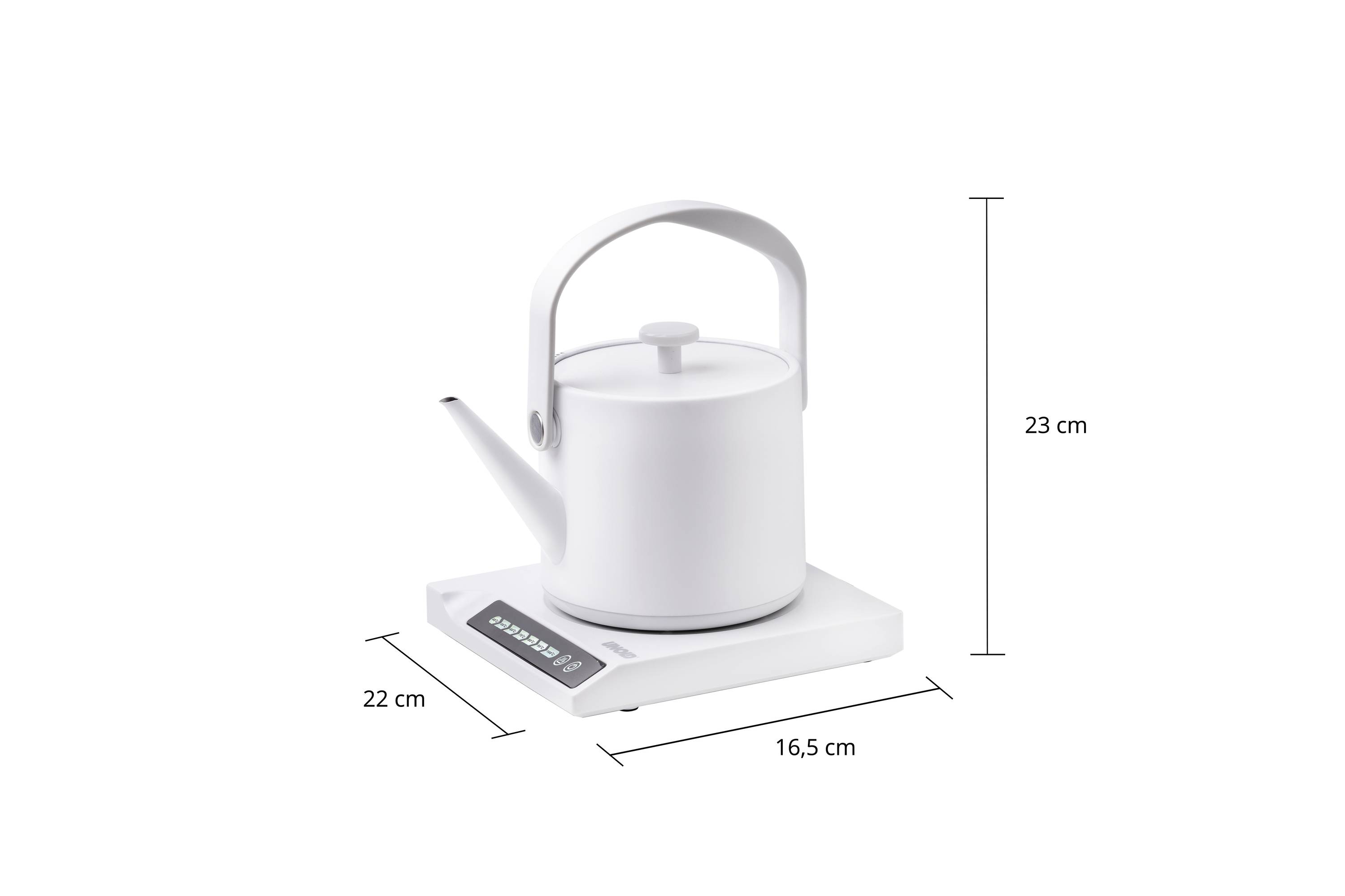 Biely elektrický kanvice na digitálnej váhe. Rozmery: 23 cm vysoký, 22 cm hlboký, 16,5 cm široký. Ideálny pre presný ohrev vody.