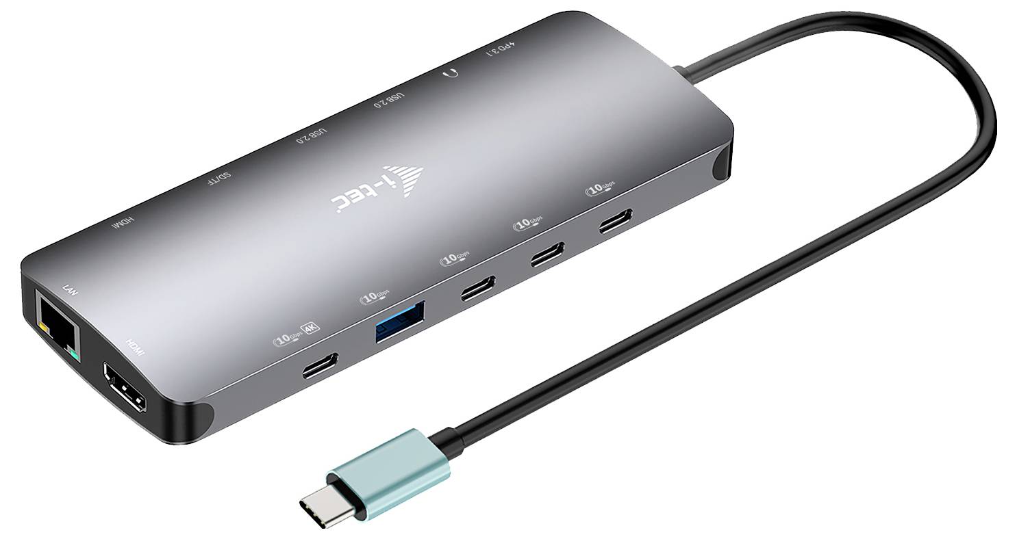 USB-C hub s viacerými portami vrátane HDMI, USB-A, USB-C, Ethernetu a čítačky SD kariet. Adaptér je sivý s čiernym káblom.