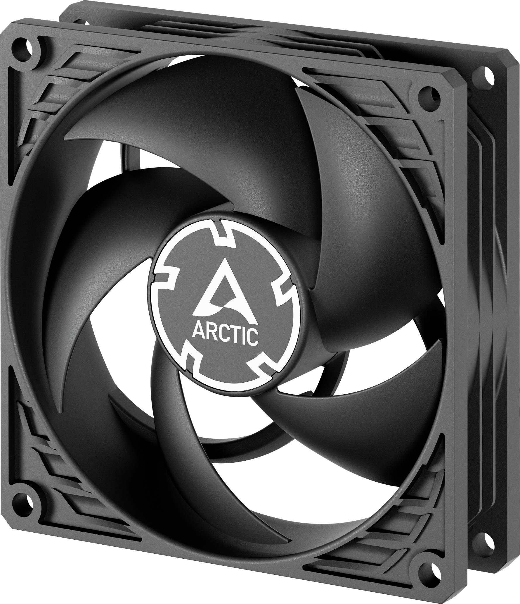 Čierny PC ventilátor so logom 'ARCTIC' uprostred. Ventilátor má štyri zakrivené lopatky a je namontovaný v štvorcovom kryte.